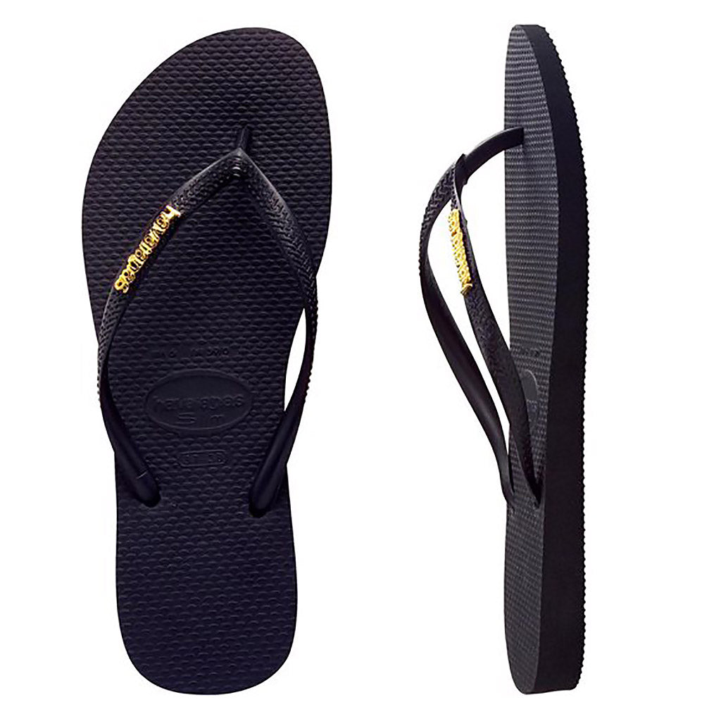 Havaianas Slim Metal Logo Black/Gold Thongs