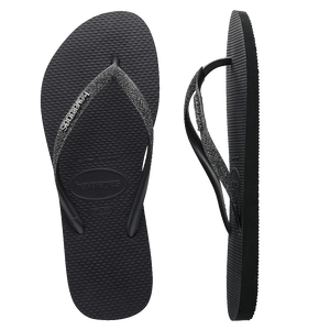 Havaianas Slim Metal Logo Glitter Thongs - Black/Dark Metallic Grey